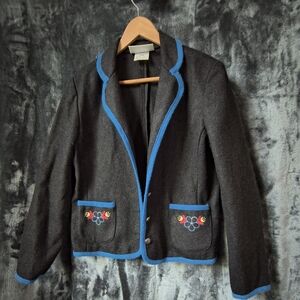 Donnkenny Separates Black Wool Jacket with Blue Trim and Embroidered Pockets 12